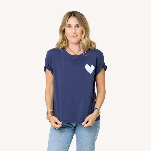 Suke contrast imperfect heart indigo blue tee in 100% cotton - Shop women's cute tees by Kerri Rosenthal