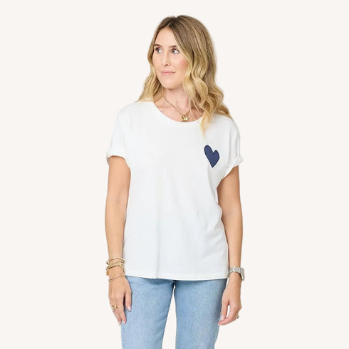 Suke contrast imperfect heart white tee is made in 100% cotton with navy blue heart artwork - Shop cute women's tees by Kerri Rosenthal