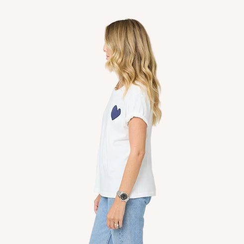 Suke contrast imperfect heart white tee is made in 100% cotton with navy blue heart artwork - Shop cute women's tees by Kerri Rosenthal
