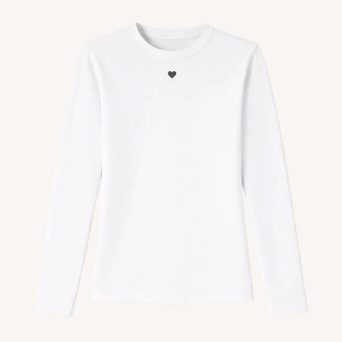 KR Long Sleeve Rib white tee in cotton blend with a tiny imperfect heart - Shop women's tees by Kerri Rosenthal