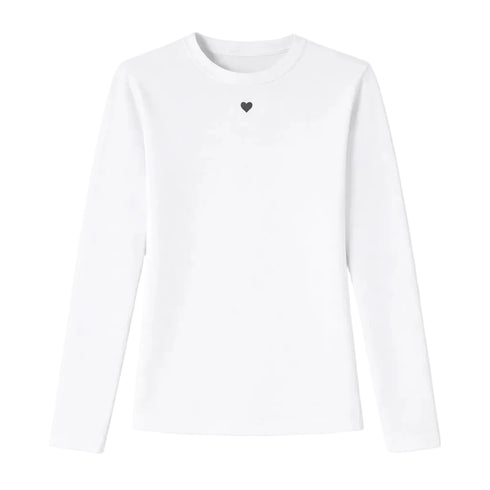 KR Long Sleeve Rib white tee in cotton blend with a tiny imperfect heart - Shop women's tees by Kerri Rosenthal