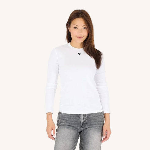 KR Long Sleeve Rib white tee in cotton blend with a tiny imperfect heart - Shop women's tees by Kerri Rosenthal