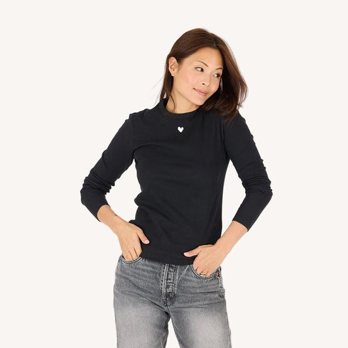KR long sleeve rib black tee in cotton blend with an imperfect heart - Shop women's tees by Kerri Rosenthal