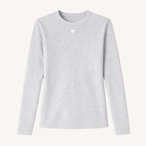 KR long sleeve rib heather gray tee in soft cotton blend with a tiny imperfect heart - Shop women's tees by Kerri Rosenthal