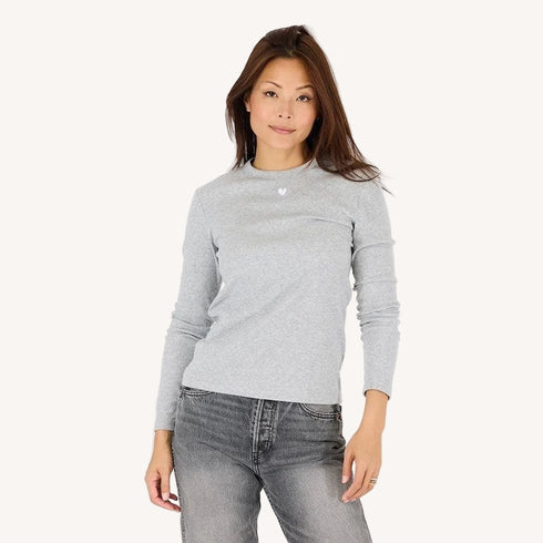 KR long sleeve rib heather gray tee in soft cotton blend with a tiny imperfect heart - Shop women's tees by Kerri Rosenthal
