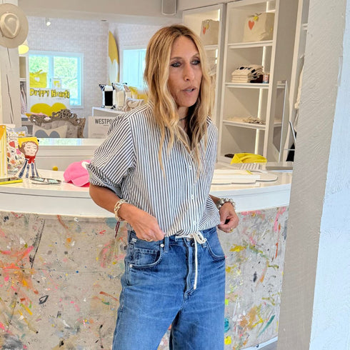 Mia shirt black white stripe made of 100% lightweight cotton with tonal patchwork imperfect heart elbow patches - Cute women's shirts by Kerri Rosenthal