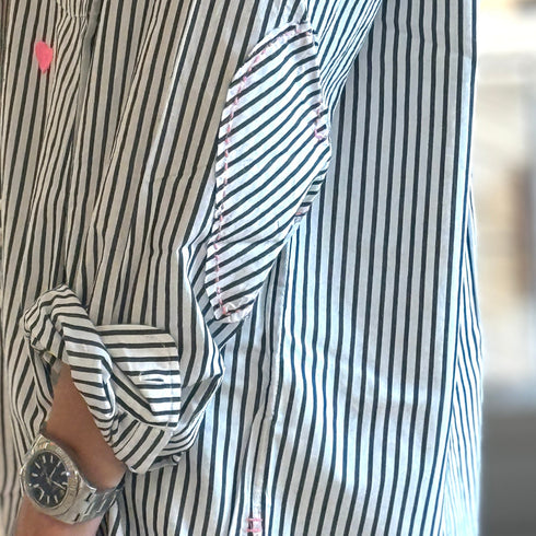 Mia shirt black white stripe made of 100% lightweight cotton with tonal patchwork imperfect heart elbow patches - Cute women's shirts by Kerri Rosenthal