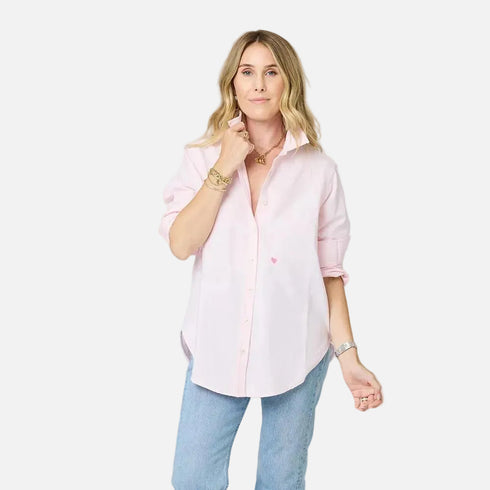 Mia lightweight pink oxford button-up shirt in 100% cotton with heart elbow patches by Kerri Rosenthal