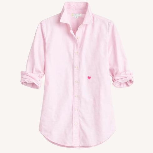 Mia lightweight pink oxford button-up shirt in 100% cotton with heart elbow patches - Cute women's button-up shirts by Kerri Rosenthal.