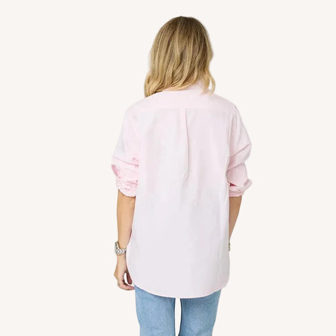 Mia pink oxford button-up shirt in 100% cotton with heart elbow patches. Cute women's button-up shirts by Kerri Rosenthal.