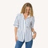 Mia Mr.Sharpie white with blue stripes button up oxford shirt in 100% cotton with tonal elbow patches by Kerri Rosenthal