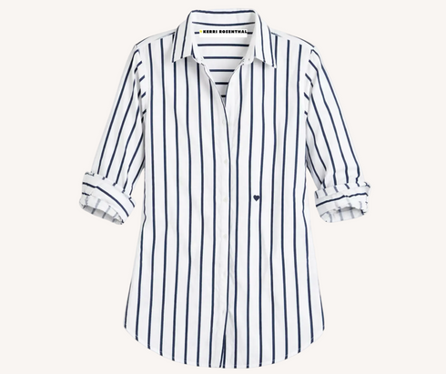 Mia Mr.Sharpie white with blue stripes oxford button up shirt in 100% cotton with tonal elbow patches by Kerri Rosenthal