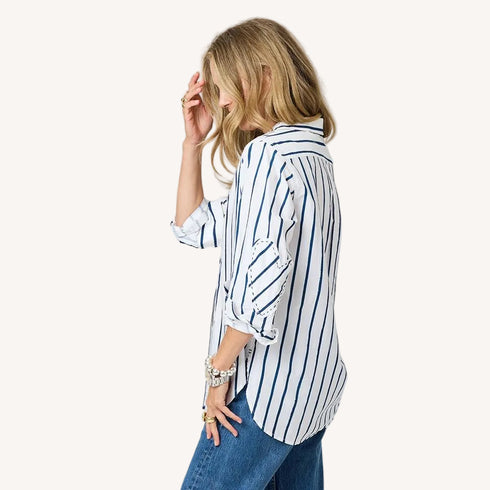 Mia Mr.Sharpie white with blue stripes button up oxford shirt in 100% cotton with tonal elbow patches by Kerri Rosenthal