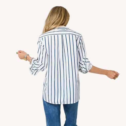 Mia Mr.Sharpie white with blue stripes button up oxford shirt in 100% cotton with tonal elbow patches by Kerri Rosenthal