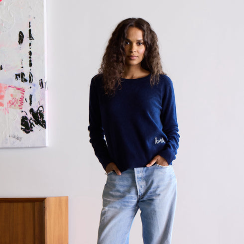 Heart Elbow Patchwork Pullover Long Sleeve Cashmere Sweater Indigo navy blue - designer fashion sweaters by Kerri Rosenthal