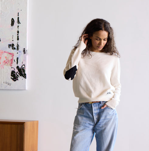 Heart Elbow Patchwork Pullover Long Sleeve Cashmere Sweater natural off white beige - designer fashion sweaters by Kerri Rosenthal