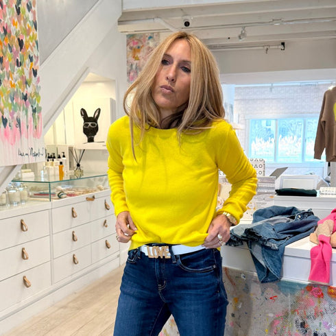 Heart elbow patchwork long sleeve cashmere yellow pullover sweater - Cute designer fashion sweaters by Kerri Rosenthal