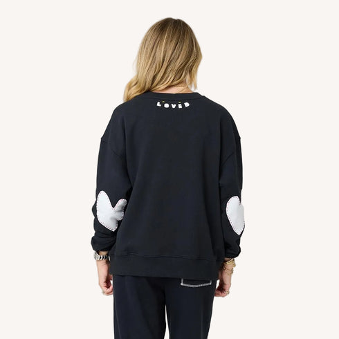 Ex-Boyfriend patchwork black sweatshirt in 100% cotton fleece with heart elbow patches and 'Loved' artwork - Shop women's comfy fit sweatshirts by Kerri Rosenthal