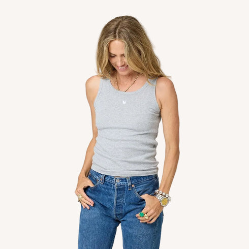 KR ribbed gray tank top in cotton blend with a tiny embroidered heart - Shop women's tank tops by Kerri Rosenthal