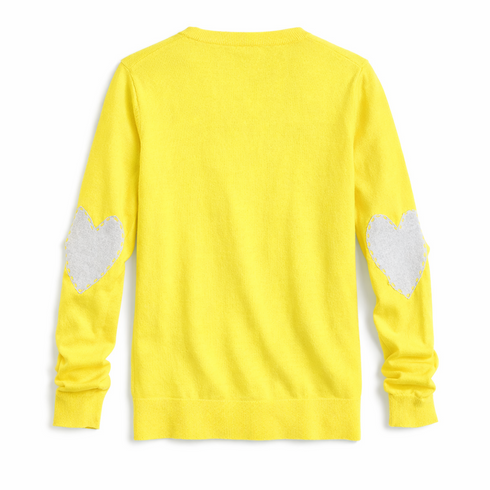 Patchwork cotton yellow pullover sweater in cotton cashmere blend with heart elbow patches - Shop women's pullover sweaters by Kerri Rosenthal