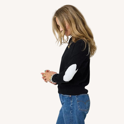 Patchwork cotton black pullover sweater in cotton cashmere blend with heart elbow patches - Shop women's pullover sweaters by Kerri Rosenthal