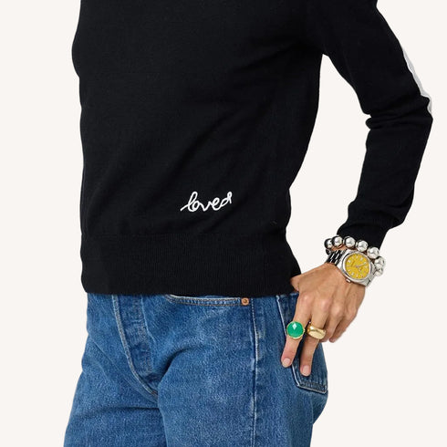 Patchwork cotton black pullover sweater in cotton cashmere blend with 'Loved' artwork - Shop women's pullover sweaters by Kerri Rosenthal