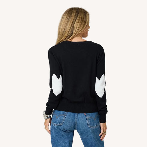 Patchwork cotton black pullover sweater in cotton cashmere blend with heart elbow patches - Shop women's pullover sweaters by Kerri Rosenthal