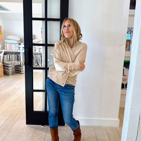 Willie camel beige v-neck button front heart elbow patch sleeve cashmere women’s cardigan - Cute designer cardigans by Kerri Rosenthal