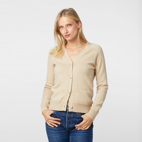 Willie camel beige v-neck button front cashmere women’s cardigan - Cute designer cardigans by Kerri Rosenthal