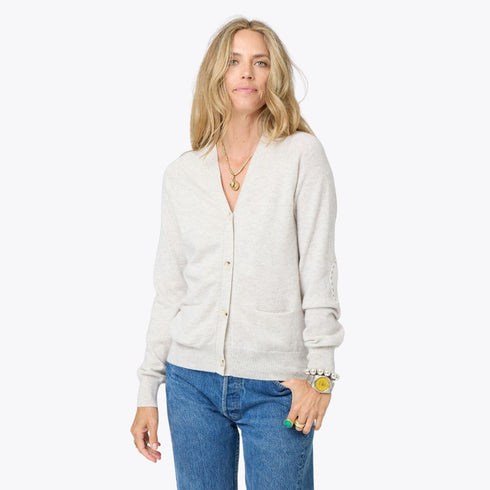 Willie silver fox grey v-neck button front cashmere cardigan with elbow patchwork - Cute designer women's cardigans by Kerri Rosenthal