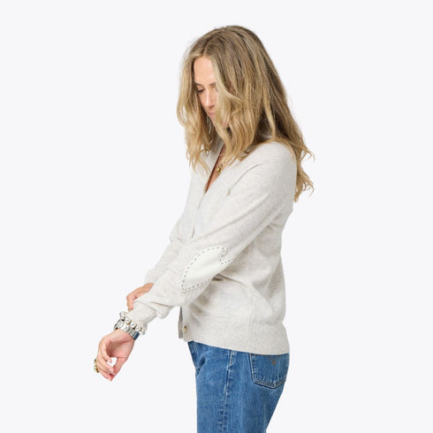 Willie silver fox grey v-neck button front cashmere cardigan with elbow patchwork - Cute designer women's cardigans by Kerri Rosenthal