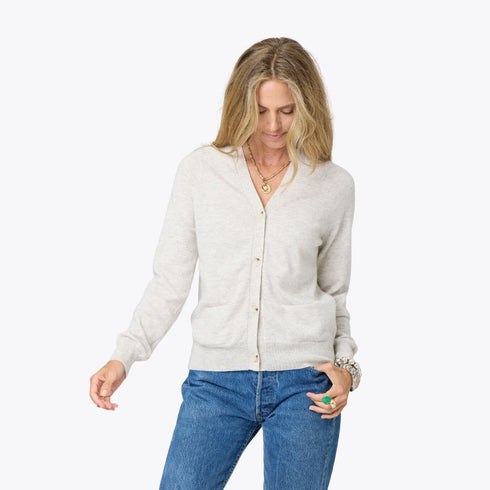 Willie silver fox grey v-neck button front cashmere cardigan with elbow patchwork - Cute designer women's cardigans by Kerri Rosenthal