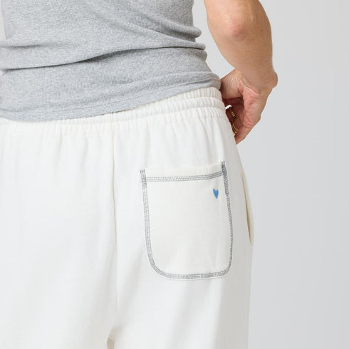 Weekend Barb white sweatpant in 100% cotton fleece with cute tiny embroidered heart by Kerri Rosenthal