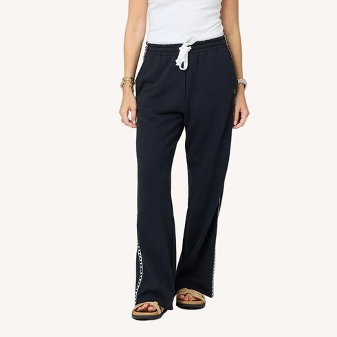 Weekend barb heart tape black sweatpant in 100% cotton loop terry with heart side stripe - Shop women's cute sweatpants by Kerri Rosenthal