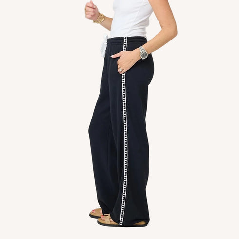 Weekend barb heart tape black sweatpant in 100% cotton loop terry with heart side stripe - Shop women's cute sweatpants by Kerri Rosenthal