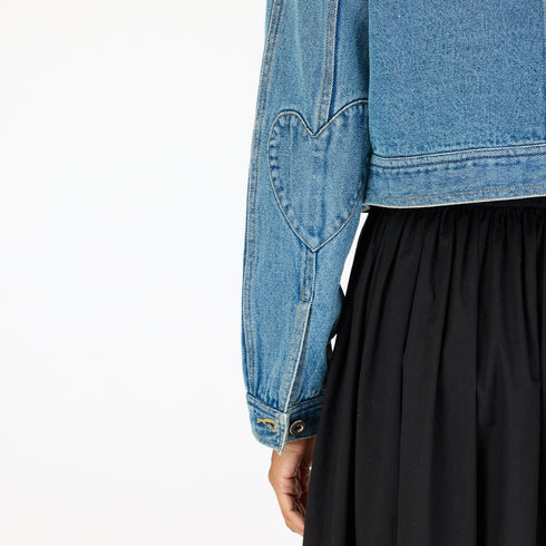 Womens double-breasted blue cotton denim jacket with heart elbow patches by Kerri Rosenthal