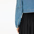 Womens double-breasted blue cotton denim jacket with heart elbow patches by Kerri Rosenthal