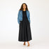 Double-breasted blue cotton denim jacket with black maxi dress - Shop women's cute dresses & jackets by Kerri Rosenthal
