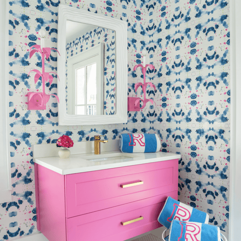 Indigo blue and pink splat wall paper in cute powder room modern bright colorful home decor by Kerri Rosenthal - designer wall paper