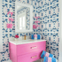 Indigo blue and pink splat wall paper in cute powder room modern bright colorful home decor by Kerri Rosenthal - designer wall paper
