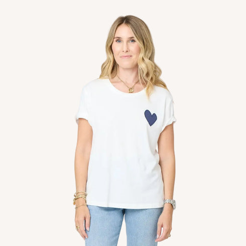short sleeve white tee with navy imperfect drippy heart graphic tees - Cute t-shirts by Kerri Rosenthal