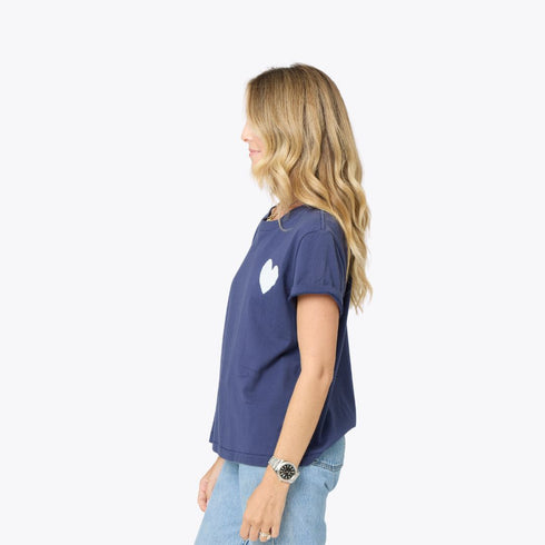 short sleeve indigo blue tee with white imperfect drippy heart graphic tees - cute t-shirts by Kerri Rosenthal