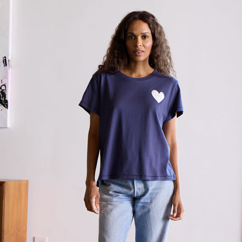 short sleeve indigo blue tee with white imperfect drippy heart graphic tees - cute t-shirts by Kerri Rosenthal