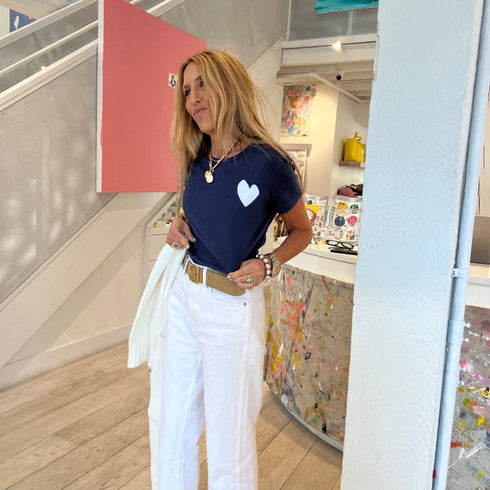 short sleeve indigo blue tee with white imperfect drippy heart graphic tees - cute t-shirts by Kerri Rosenthal