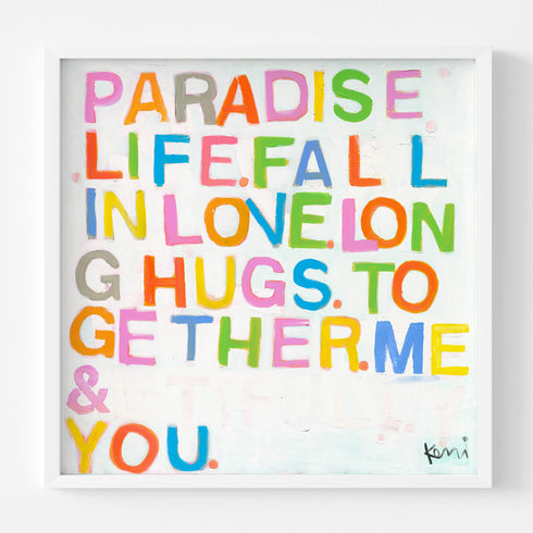 Paradise Life Original colorful word white framed wall art print coastal decor by Kerri Rosenthal