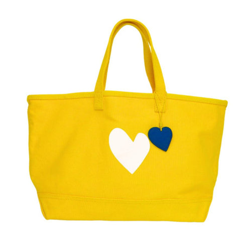 Bright sunshine yellow imperfect heart cotton canvas tote bag by Kerri Rosenthal