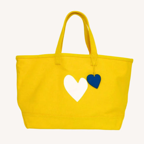 Bright sunshine yellow imperfect heart cotton canvas tote bag by Kerri Rosenthal
