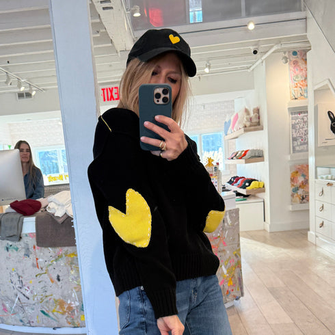 KR Embroidered black cap hat with yellow heart 100% cotton - Cute baseball caps by Kerri Rosenthal