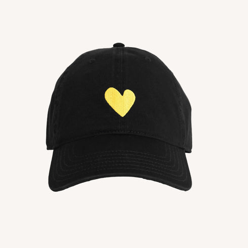 KR Embroidered black cap hat with yellow heart 100% cotton - Cute baseball caps by Kerri Rosenthal
