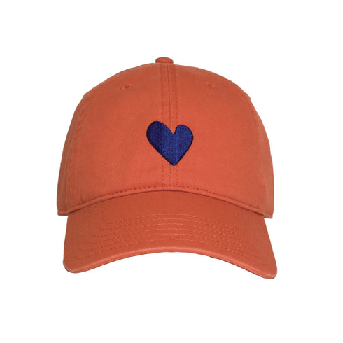 KR Embroidered orange cap hat with indigo blue heart 100% cotton - Cute baseball caps by Kerri Rosenthal